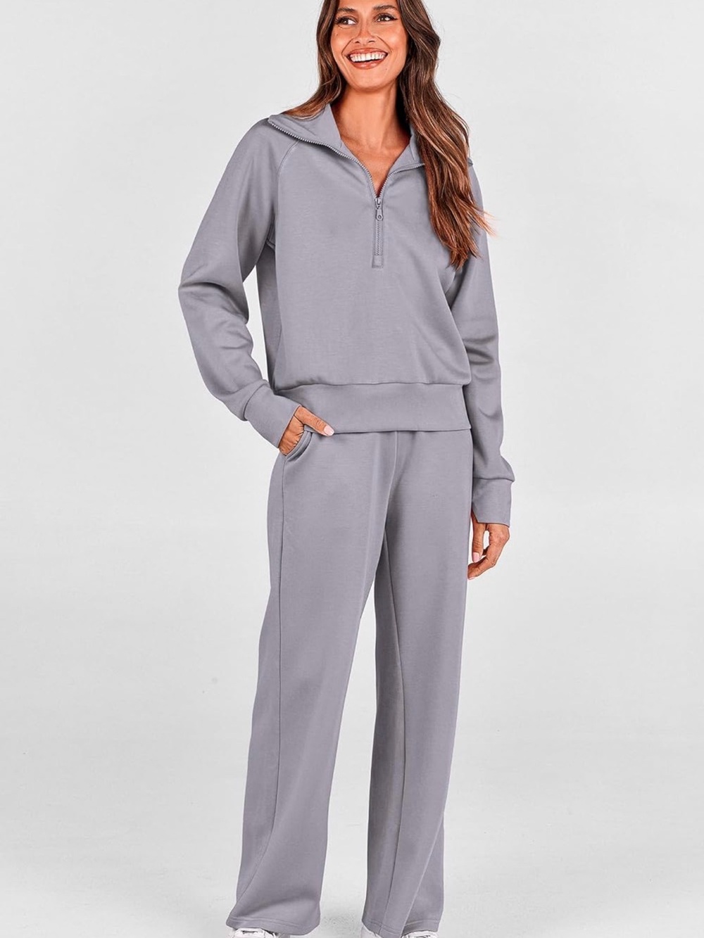 PRETTYGARDEN Half-Zip Sweatshirt and Wide-Leg Pants Set